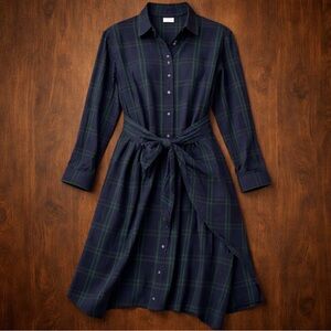 UNTUCKit Navy and Green Plaid Long Sleeve Dress